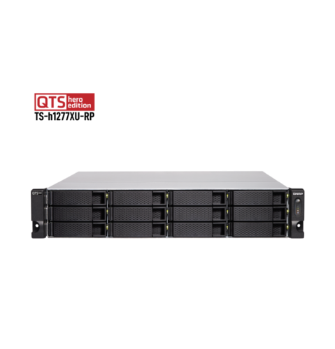 QNAP TS-h1277XU-RP-3700X-128G Сетевой RAID-накопитель, 12 отсеков 3,5"/2,5", 2 порта 10 GbE SFP+, стоечное исполнение, 2 блока питания. AMD Ryzen, DDR4