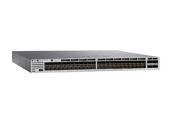 Коммутатор Cisco WS-C3850-48XS-E - 48 SFP+, 4 QSFP+, 750WAC, 1 RU, IP Services feature set.